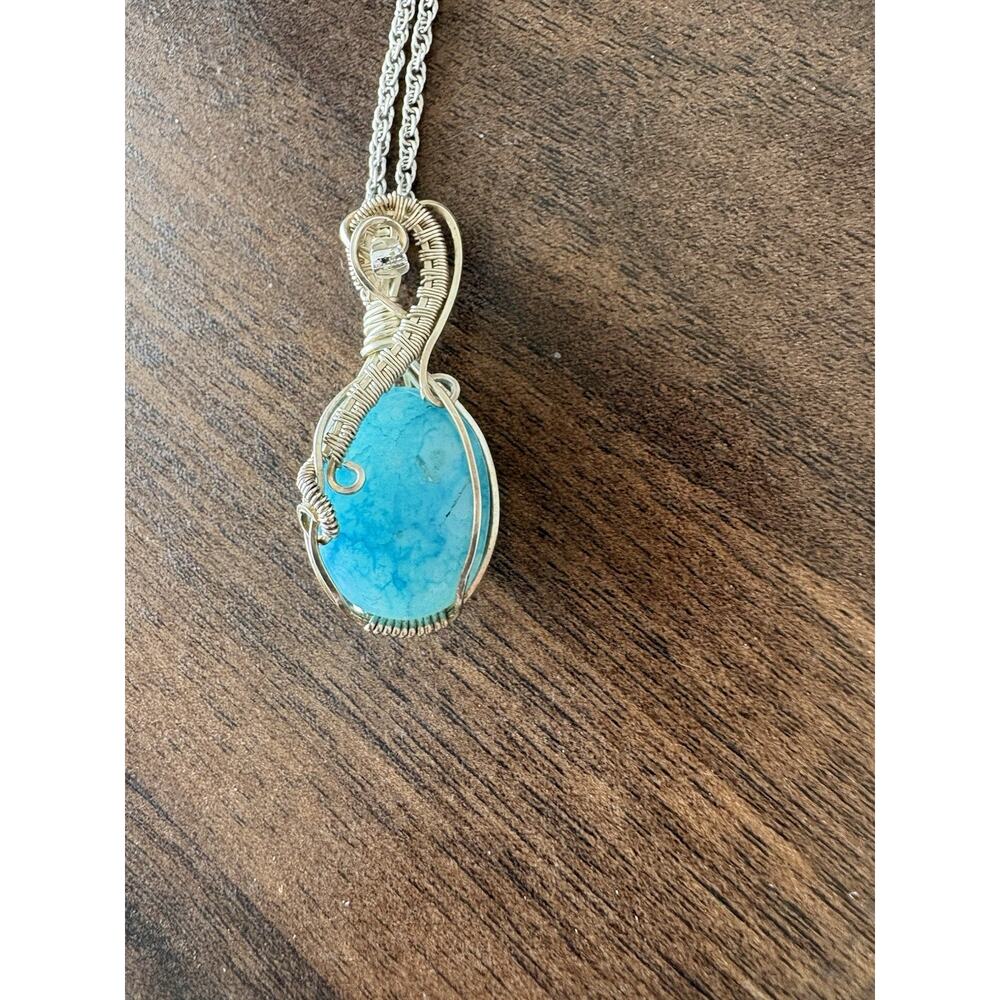 Handmade Wire Wrapped Blue Pendant Necklace Artisan Boho